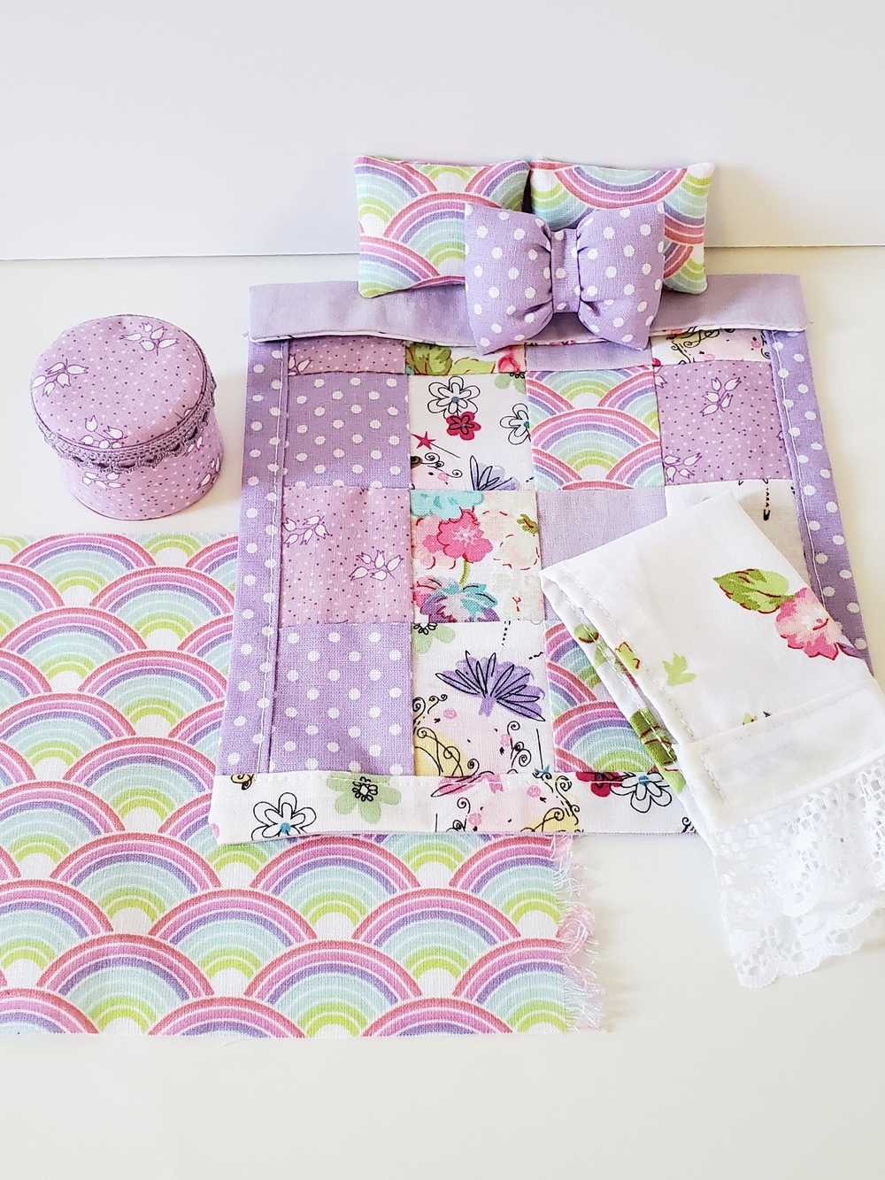 Kids Lavender Patchwork Doll Quilt - Purple Floral & Rainbow Print